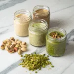Delicious Pistachio Butter Recipes You Need to Try Today 7 Four jars of pistachio butter in different textures and colors with various types of pistachios on a marble surface